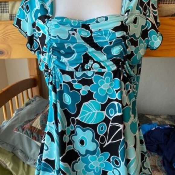 Lot of 3~DRESS BARN Silky s/s TUNIC TOPS~fluttery-BLUES-Retro ORANGE Gray-sz M - Picture 4 of 16